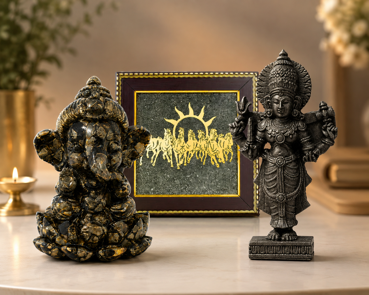 Pyrite Ganesha, Pyrite Laxmi & 7 Horses Pyrite Frame