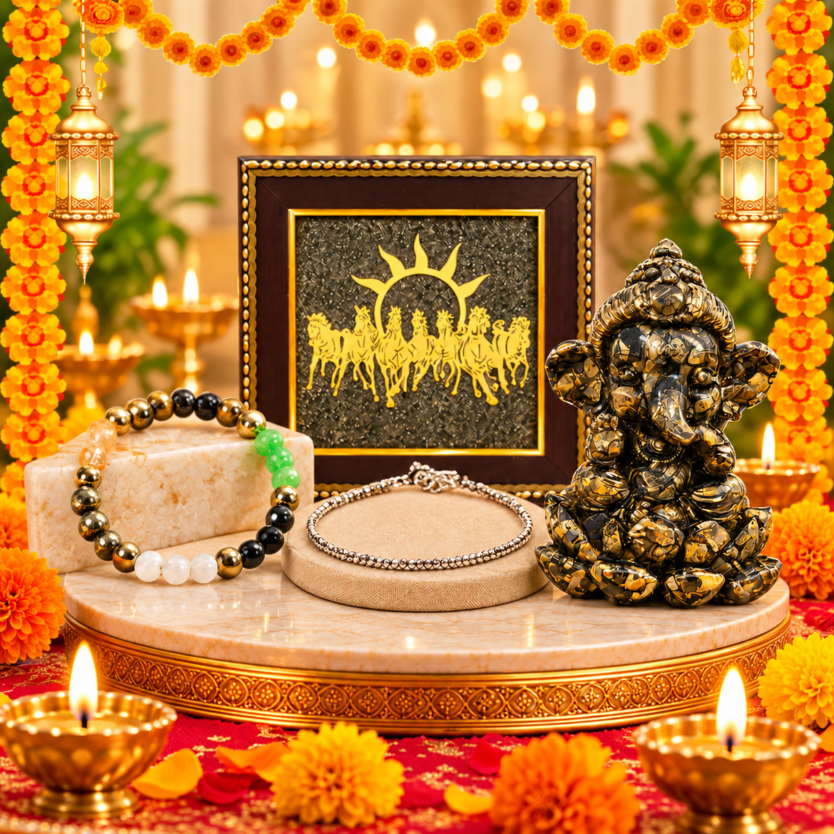 Pyrite Ganesha, Pyrite Anklet & Dhan Vriddhi Bracelet, 7 Horses Frame