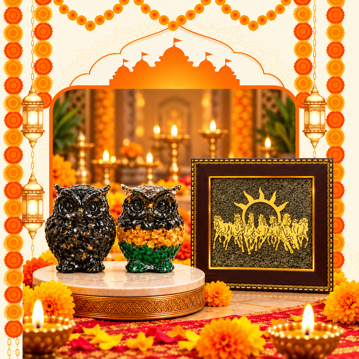 Money Magnet Owl, Pyrite Owl & 7 Horses Pyrite Frame