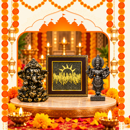 Pyrite Ganesha, Pyrite Laxmi & 7 Horses Pyrite Frame