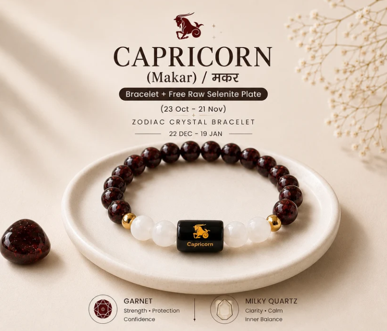 Capricorn (मकर राशि) Zodiac Garnet & Milky Quartz Bracelet