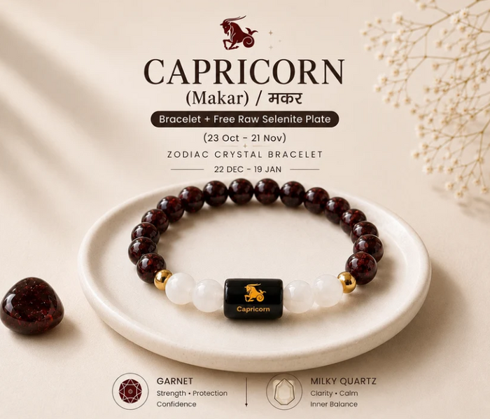 Capricorn (मकर राशि) Zodiac Garnet & Milky Quartz Bracelet