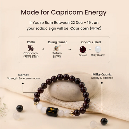 Capricorn (मकर राशि) Zodiac Garnet & Milky Quartz Bracelet